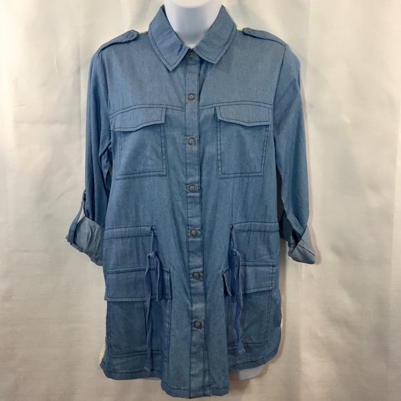 Jealous Tomato Utility Jacket/Top Ivory Lace Back Snap Front Blue Small - Picture 5 of 9